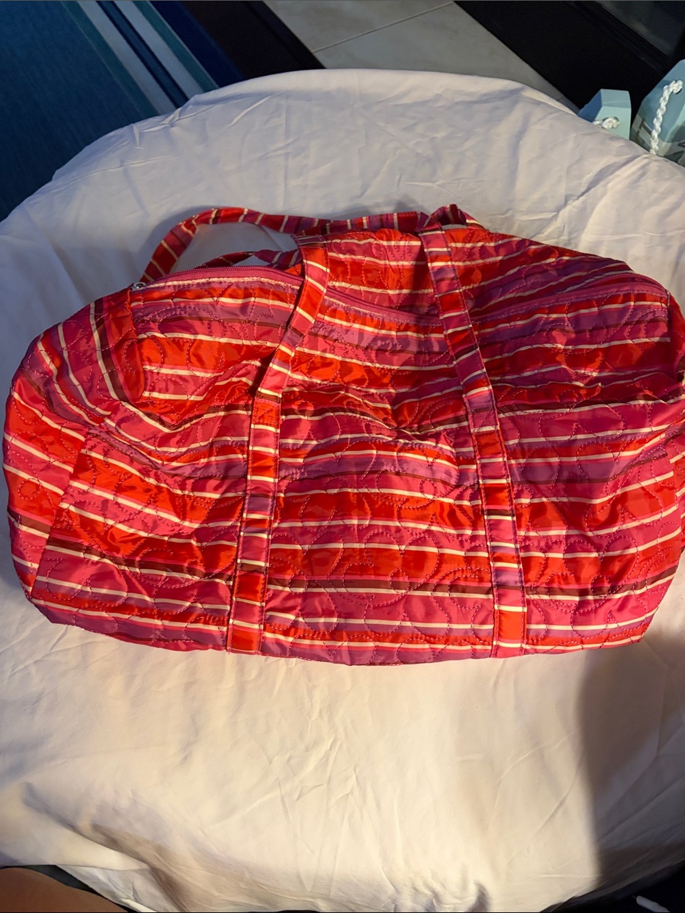 Quilted Pink and Red lightweight Striped Carryall Bag